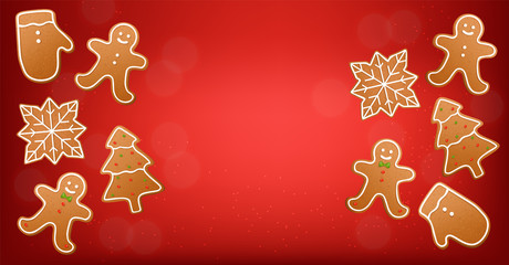 Realistic cookies set isolated, red background, dough elements, cookies, merry christmas, celebration banner vector illustration