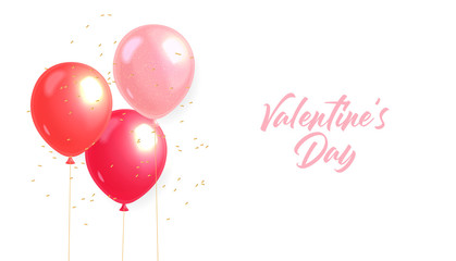 Realistic pink balloon and lights, gold confetti, party banner, happy valentine's day , love card, happy birthday celebration background vector illustration