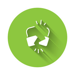 White Broken or cracked lock icon isolated with long shadow. Unlock sign. Green circle button. Vector Illustration