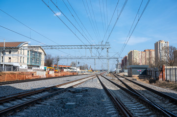 View on the tracks 1, 2B and 2 of the reconstructed station Reutovo of Moscow Railway, Reutov, Moscow region, Russian Federation, March 28, 2020