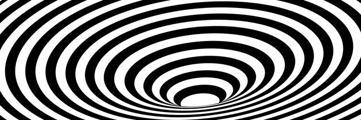 Vector abstract illustration of vortex with stripes. Trendy 3d background in op art style, optical illusion. Long horizontal banner - obrazy, fototapety, plakaty