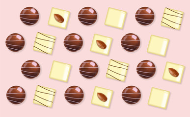 Realistic chocolate set, delicious dessert pattern, valentine's day, love banner, top view chocolate pralines collection, black and white chocolate vector illustration