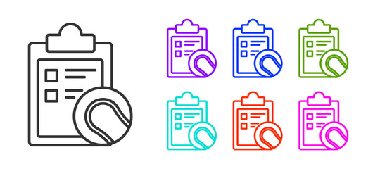 Black line Checklist clipboard and tennis ball icon isolated on white background. Sport equipment. Set icons colorful. Vector Illustration