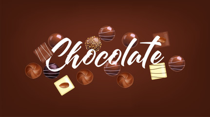 Realistic chocolate set, delicious dessert pattern, valentine's day, love banner, top view chocolate pralines collection, black and white chocolate vector illustration