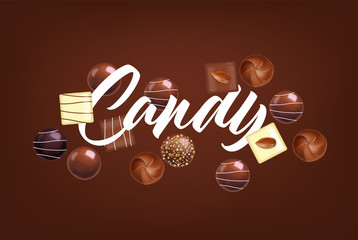 Realistic chocolate set, delicious dessert pattern, valentine's day, love banner, top view chocolate pralines collection, black and white chocolate vector illustration