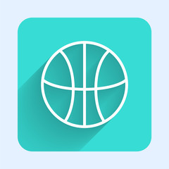 White line Basketball ball icon isolated with long shadow. Sport symbol. Green square button. Vector Illustration