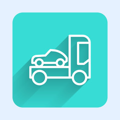 White line Car transporter truck for transportation of car icon isolated with long shadow. Green square button. Vector Illustration