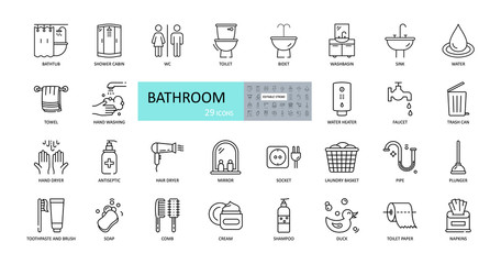 Vector bathroom icons. Editable Stroke. Shower, bath, toilet, bidet, mirror, water tap. Laundry and garbage basket. Cosmetics shampoo comb cream. Toilet paper napkins - obrazy, fototapety, plakaty