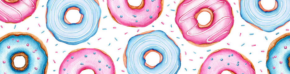 Banner with watercolor donuts. Bright sweets for Birthday background, Greeting card. Dessert for holiday and party. Hand drawn illustration. Artistic design with food  for cafe. Freehand drawing