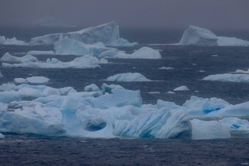 Icebergs in antarctic sea during storm, with dark ocean, Antarctica