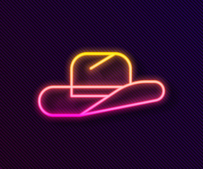 Glowing neon line Western cowboy hat icon isolated on black background.  Vector Illustration