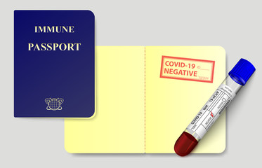 Concept sample of immune passport with coronavirus test result and test tube with blood plasma. Stamp with negative to Covid 19 virus. No infectious disease Sars 2019-nCoV.