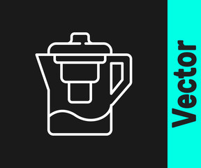White line Water jug with a filter icon isolated on black background.  Vector Illustration