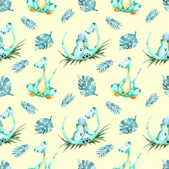 Little dinosaur. Seamless pattern, watercolor painting. For children's textiles, products, and postcards.