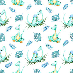 Little dinosaur. Seamless pattern, watercolor painting. For children's textiles, products, and postcards.
