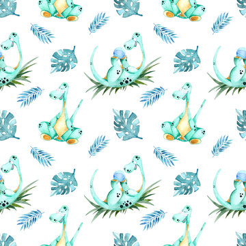 Little dinosaur. Seamless pattern, watercolor painting. For children's textiles, products, and postcards.