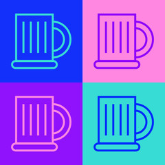 Pop art line Wooden beer mug icon isolated on color background.  Vector Illustration