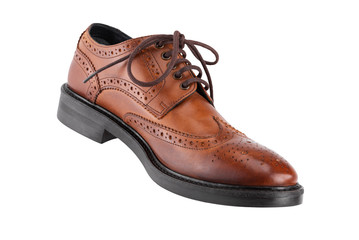Classic brown men's oxfords shoes, with Derby type lacing, isolated on a white background, casual shoes for office