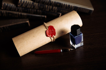 Notary's public pen and stamp on testament and last will. Notary public tools.