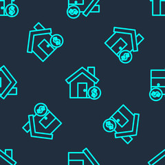 Green line House with dollar symbol icon isolated seamless pattern on blue background. Home and money. Real estate concept.  Vector Illustration