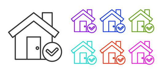 Black line House with check mark icon isolated on white background. Real estate agency or cottage town elite class. Set icons colorful. Vector Illustration