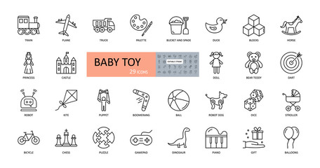 Vector baby toy icons. Editable Stroke. Cars, dolls, robots. Princess castle, teddy bear horse duck. Toys for children of different ages, for boys and girls - 345401750