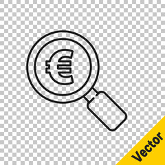 Black line Magnifying glass and euro symbol icon isolated on transparent background. Find money. Looking for money.  Vector Illustration