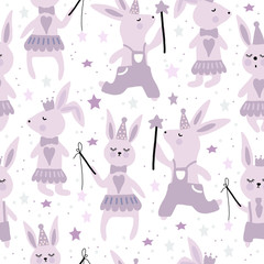 Hand drawn vector illustration. Seamless pattern. Pastel color. Cute cartoon. Little rabbit. Scandinavian style. For baby textile or other decoration.