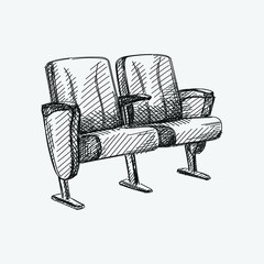 Hand-drawn sketch of two cinema seats on a white background. Going to the cinema. Watching a movie. 