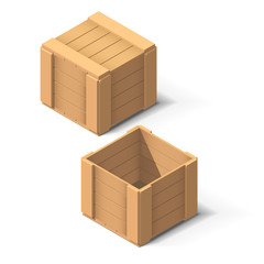 Isometric wooden crate. Opened and closed cargo box.