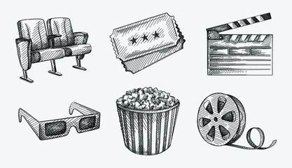 Hand-drawn sketch set of Cinema industry. Going to the cinema. Watching a movie. 3d glasses, two cinema seats, film tape, Clapperboard, two movie tickets, large popcorn cup 