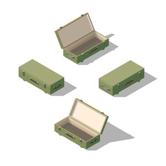 Vector isometric opened and closed wooden box. Army ammunition isometric box.
