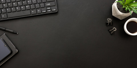 Office desk table with supplies. Flat lay Business workplace and objects. Top view. Copy space for text