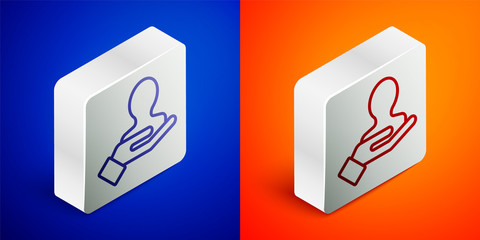 Isometric line Hand for search a people icon isolated on blue and orange background. Recruitment or selection concept. Search for employees and job. Silver square button. Vector Illustration