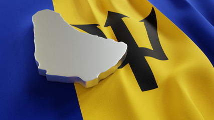 3d map of Barbados resting on national flag backdrop - obrazy, fototapety, plakaty