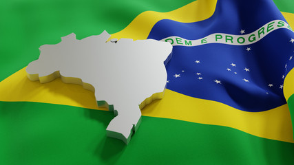 3d map of Brazil resting on national flag backdrop