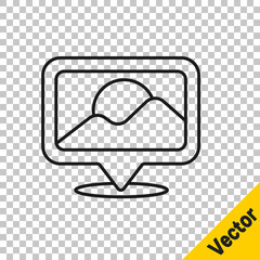 Obraz premium Black line Map pin icon isolated on transparent background. Navigation, pointer, location, map, gps, direction, place, compass, search concept. Vector Illustration