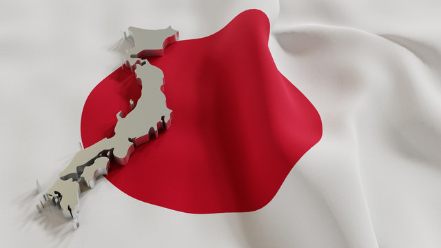 3d map of Japan resting on national flag backdrop