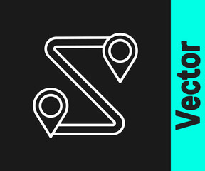 White line Route location icon isolated on black background. Map pointer sign. Concept of path or road. GPS navigator. Vector Illustration