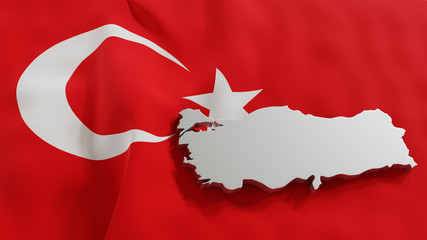 3d map of Turkey resting on national flag backdrop