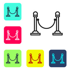 Black line Rope barrier icon isolated on white background. VIP event, luxury celebration. Celebrity party entrance. Set icons in color square buttons. Vector Illustration