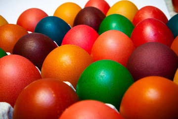 Easter. Toaditiously colored chicken eggs. Different colours.