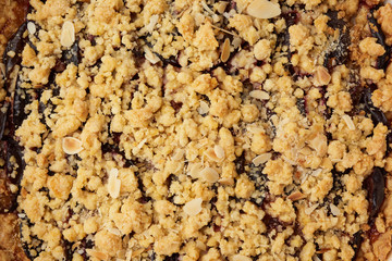 texture of baked crumble pie with blue plum, delicious dessert
