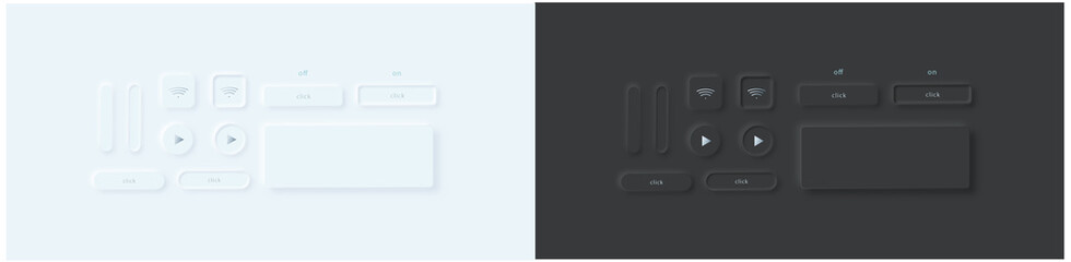 Vector set of different buttons in neumorphic/skeuomorphism style. White and black version. Ui template. All elements are isolated.