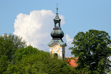 Turm der Wallfahrtskirche Maria Bründl bei Poysdorf, Niederösterreich