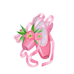 Ballet Shoes. Ballet pointe with ribbons and flowers. Ballet illustration