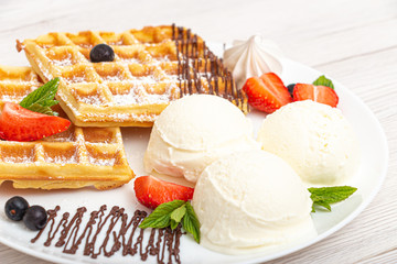 Chocolate Dessert with Ball Ice Cream and Waffles