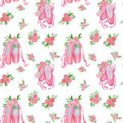 Seamless pattern with pink ballet shoes. - 345404548