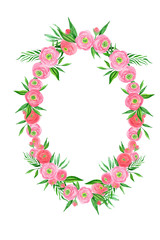 Floral wreath with watercolor hand-drawn pink ranunculus.