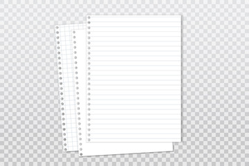 White, lined note, notebook paper with soft shadow are on squared background for text. Vector illustration
